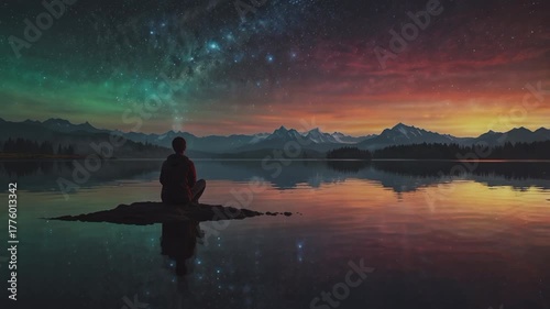 a spectacular and surreal night scene, with a person sitting alone on the water's edge, looking out towards the horizon.