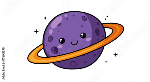 Cute Cartoon Purple Planet with Orange Ring | Space and Astronomy Vector Icon