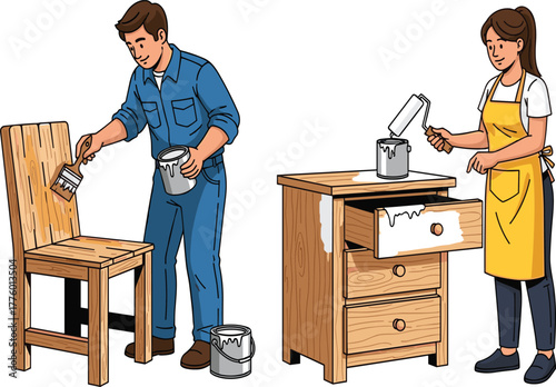 Couple painting wooden furniture together, man and woman doing DIY home improvement project, teamwork, creativity, renovation, interior decoration concept illustration
