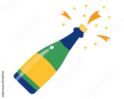 Champagne bottle popping with sparkling bubbles, vector illustration, isolated on white background