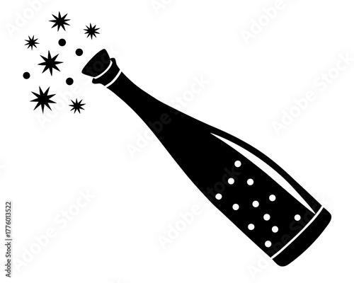 Champagne bottle popping with sparkling bubbles, silhouette   vector illustration, isolated on white background
