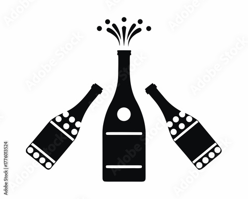 Champagne bottle popping with sparkling bubbles icon, silhouette   vector illustration, isolated on white background