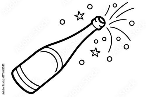line art Champagne bottle popping with sparkling bubbles, silhouette   vector illustration, isolated on white background