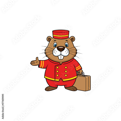 Friendly cartoon beaver bellhop character in red uniform, holding suitcase, offering welcome gesture.