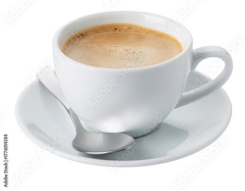 A white cup filled with coffee, accompanied by a small spoon on a matching saucer.