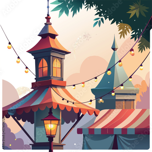 Whimsical Carnival Scene with Illuminated Tents, String Lights, and Evening Ambiance in Illustration