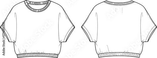 Cropped t-shirt flat sketch, short sleeve fashion top design, ribbed hem and cuff technical drawing, front and back view CAD