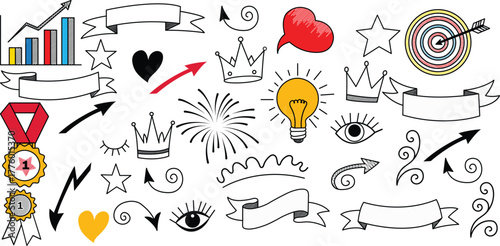 A vibrant, hand-drawn collage of achievement and success icons featuring medals, crowns, bar graphs, arrows, lightbulbs, targets, fireworks, and hearts