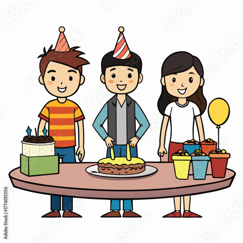 Vibrant vector illustration of happy young friends celebrating a joyful birthday party with cake and presents