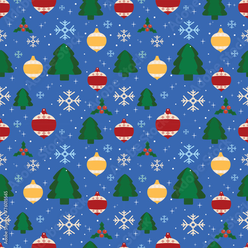 Seamless Christmas background with decorated Christmas trees, glowing string lights, and falling snowflakes.