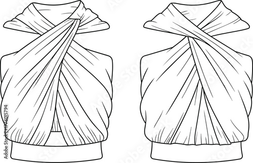 Draped cross front top flat sketch with twisted neckline, sleeveless design, gathered details, stylish fashion garment CAD drawing illustration