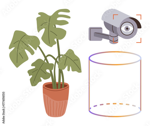 Green potted plant beside a modern surveillance camera and a simple transparent cylinder. Ideal for technology, contrast, environment, monitoring, privacy, minimalism, and balance concepts. Simple