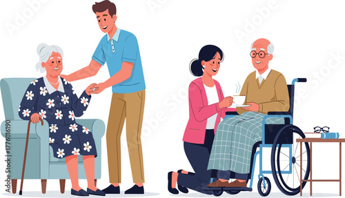 Elderly care and support concept, caregivers helping senior people at home, nursing assistance, healthcare compassion, retirement lifestyle, family love illustration