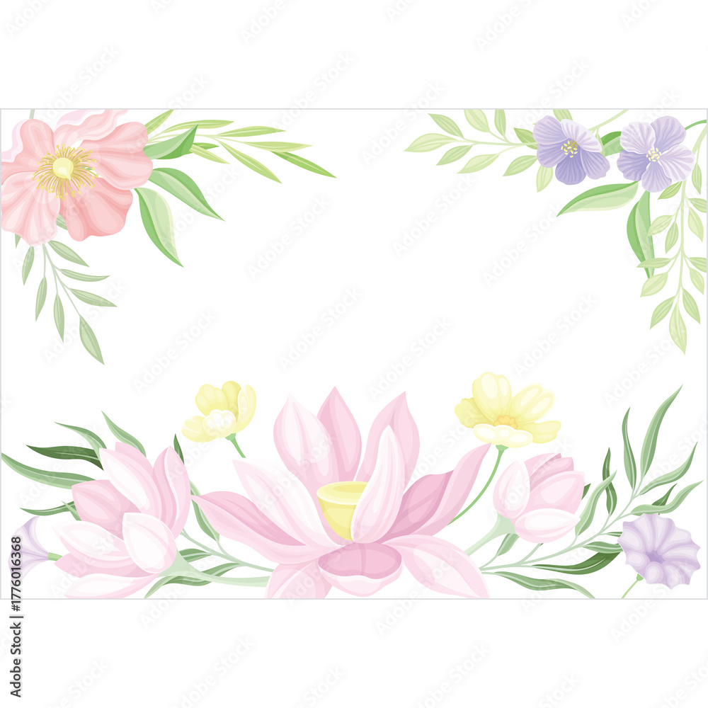 Naklejka premium Elegant Floral Arrangement With Pink Lotus Flowers Light Purple Blooms Green Leaves And Yellow Wildflowers On White Background Transparent PNG