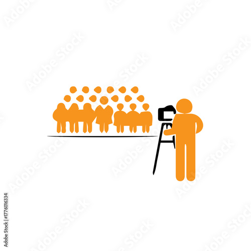 Vector icon of a cameraman with a professional camera on a tripod filming a crowd at a conference or public event