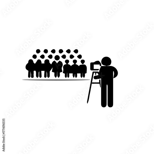 Filming a group of people with a video camera on a tripod, abstract stick figures creating content
