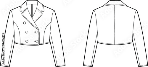 Elegant cropped double breasted blazer jacket technical fashion drawing, front and back view, lapel collar design with buttons, stylish outerwear flat illustration