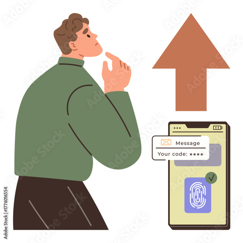Man thinking beside a smartphone highlighting fingerprint verification, code input, and upward arrow. Ideal for security, technology, decision-making, communication, authentication, innovation data
