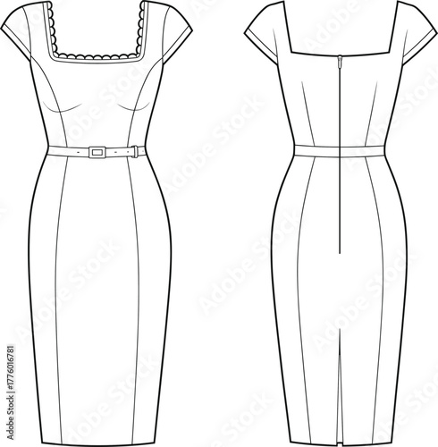 Elegant fitted women dress fashion design, technical flat sketch, sheath dress template, short sleeve bodycon dress front and back view, CAD drawing vector illustration