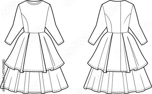 Elegant layered long sleeve dress technical fashion drawing, front and back view, flat vector illustration with flared skirt and fitted bodice design