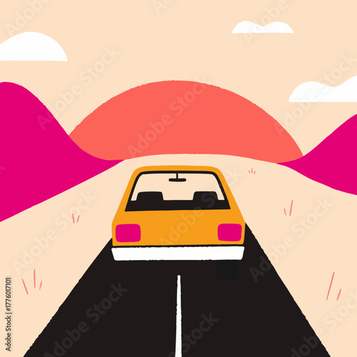 A yellow car driving on a road trip during sunset