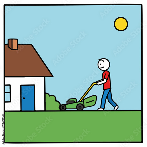 Lawn mower being used by a stick figure on green grass in front of a house, under a blue sky with the sun, representing yard work and home maintenance.