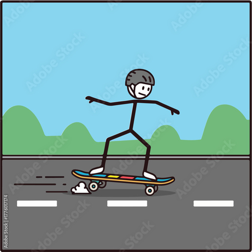 Skateboard rider, cartoon stick figure on a skateboard wearing helmet, skating on the street, with blue sky and green hills background, playful illustration for website.