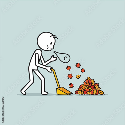Stick figure cartoon character raking autumn leaves with a yellow rake on a light blue background, depicting seasonal cleanup and outdoor work, blowing to stay warm.