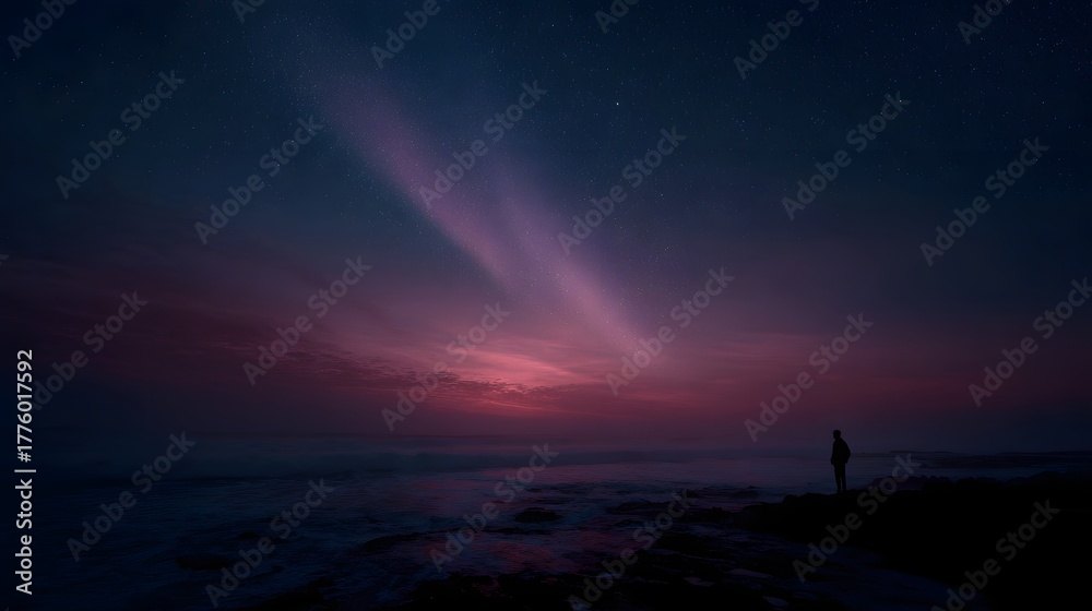 Fototapeta premium A lone silhouette gazes at a vibrant colorful twilight sky over the ocean