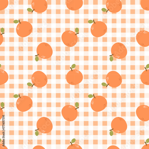 Summer seamless pattern with gingham pattern of fruits. healthy food set and orange cartoon background.