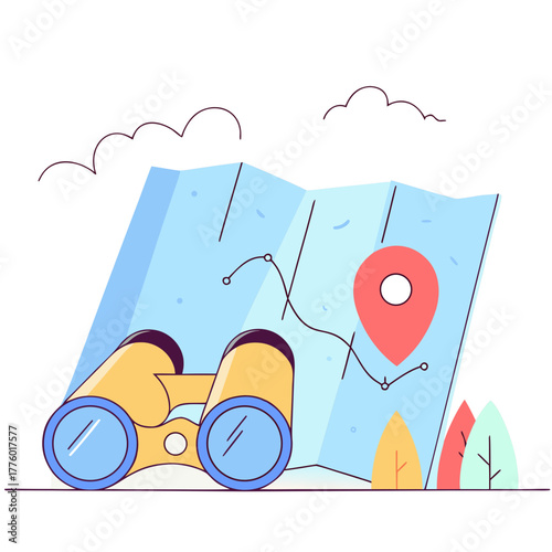 Binoculars viewing a map showing the travel location journey