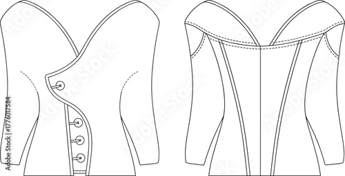 Elegant off shoulder corset blouse CAD flat sketch, fashionable women top vector template, modern apparel technical fashion design illustration