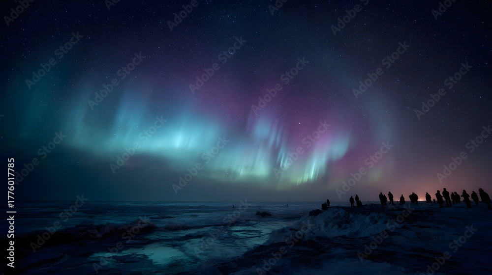 custom made wallpaper toronto digitalSilhouettes of people observing a vibrant Aurora Borealis in the starry night sky over a frozen landscape