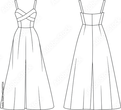 Elegant sleeveless long dress CAD technical flat sketch, fashion design vector template, fitted bodice with straps, flared skirt illustration