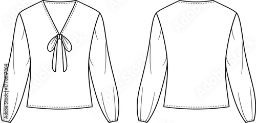 Elegant women blouse CAD fashion flat sketch, long sleeve v-neck top with tie detail, stylish apparel vector illustration design