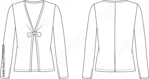 Elegant women’s cardigan technical flat sketch, long sleeve bow front design, professional CAD fashion vector illustration for apparel designers and production