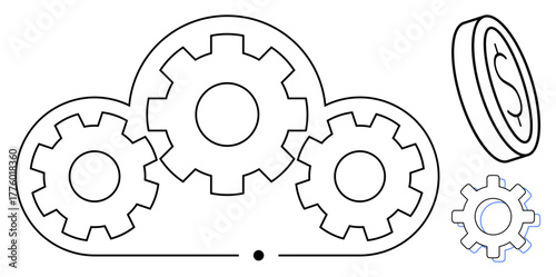 Gears inside a cloud represent automation and innovation, paired with a coin and gear symbolizing monetary gain. Ideal for technology, finance, cloud computing, innovation, automation, business