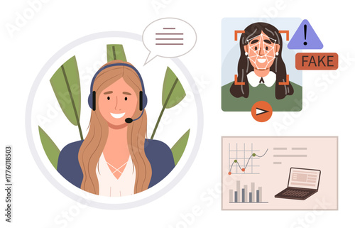 Call center worker with headset, speech bubble, AI detecting deepfake identity, and analytics charts. Ideal for tech security, AI moderation, identity verification, innovation, data communication