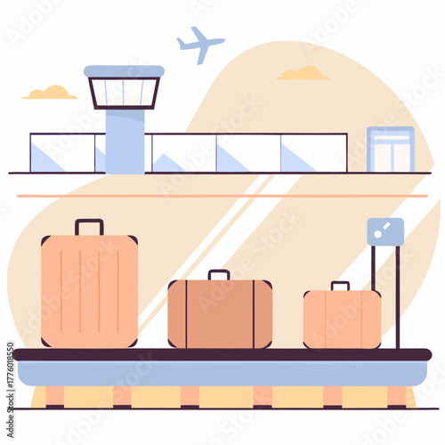 Luggage in airport moving on a conveyor with plane