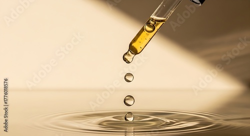 Golden Oil Dropper Dripping onto Water Surface