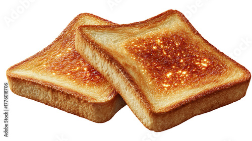 Two slices of golden brown toasted bread, isolated on transparent background