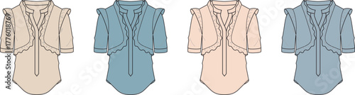 Collection of fashion design technical flat sketches showcasing a unique high-collar tunic blouse in two different colorways, beige and blue