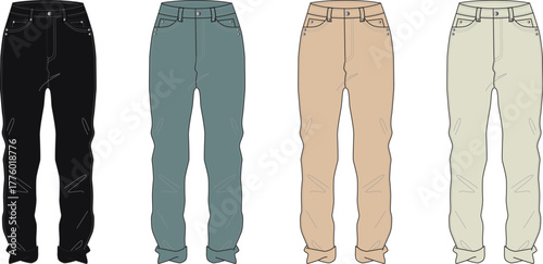 Vector illustrations four pairs of casual pants in black, blue, beige, and cream. Ideal for fashion design, apparel, and clothing industry projects