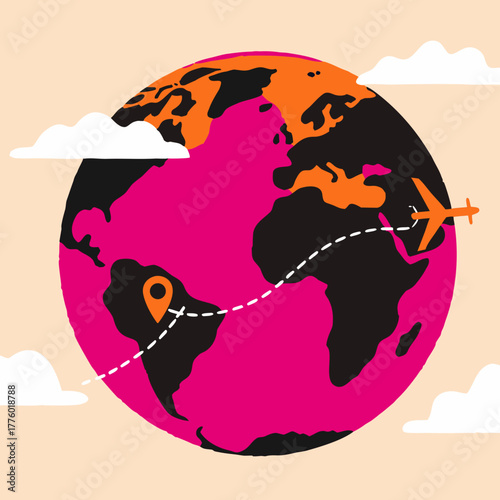 Orange airplane flying along route across pink world