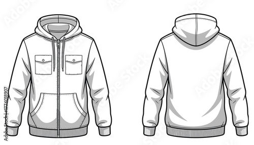 Technical flat vector illustration of men’s hooded zip-up jacket with chest pockets and front pouch, ideal for fashion design template, clothing sketches, apparel branding, digital mockups, and design