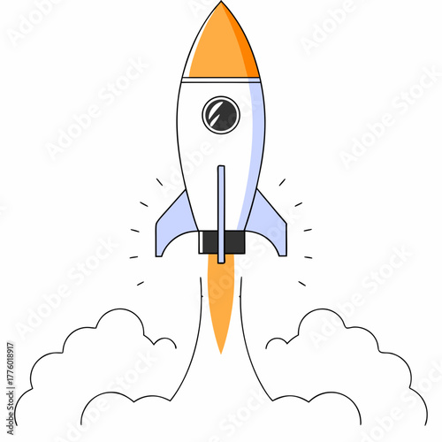 Rocket launching into space with fire and smoke in vector design