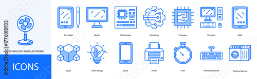 technology and electronic icon collection set. Containing Monitor, Motherboard, Technology, Processor, Computer icon
