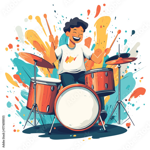 Young person playing drums with joyful energy creating lively rhythms   , vector style simple color