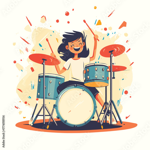 Young person playing drums with joyful energy creating lively rhythms   , vector style simple color