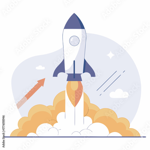 Rocket blasting off with flames into space in a flat vector style